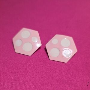 Pink Hexagon Earrings with White Polka Dots